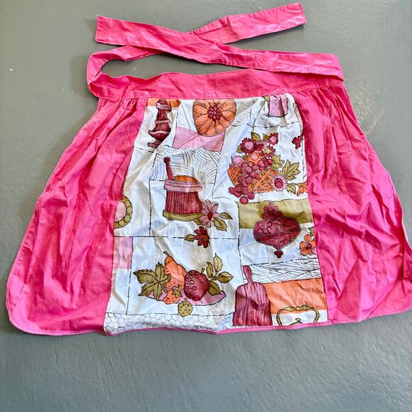 Vintage Handmade Pink Floral Half Apron Tie Waist Cottagecore - Picture 1 of 4